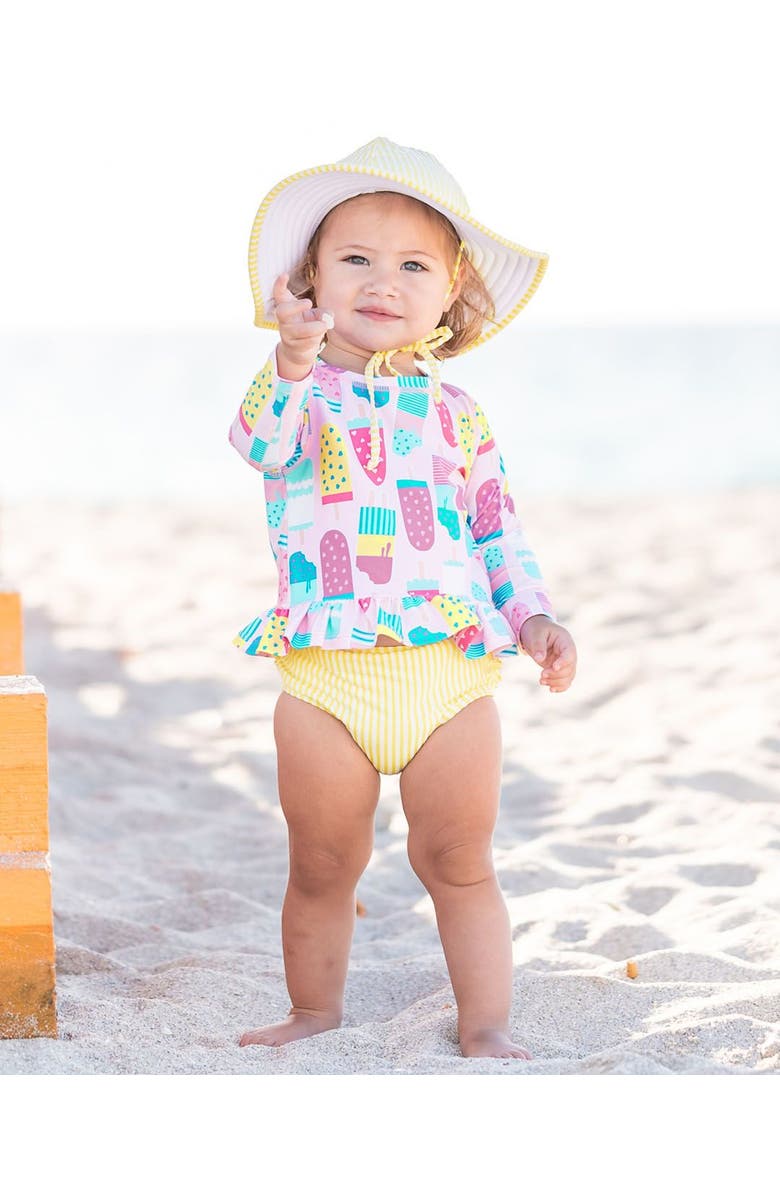 RuffleButts Toddler Girls Long Sleeve Ruffle Hem UPF50+ Rash Guard Bikini, Alternate, color, Ice Cream Social