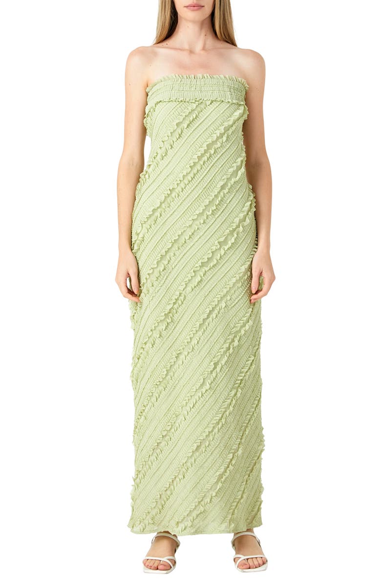 Endless Rose Ruffle Strapless Maxi Dress, Main, color, Pistachio