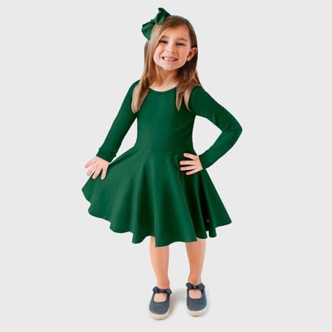 Girls Soft Jersey 100% Cotton Long Sleeve Skater Twirly Dress (Toddler/Kids)
