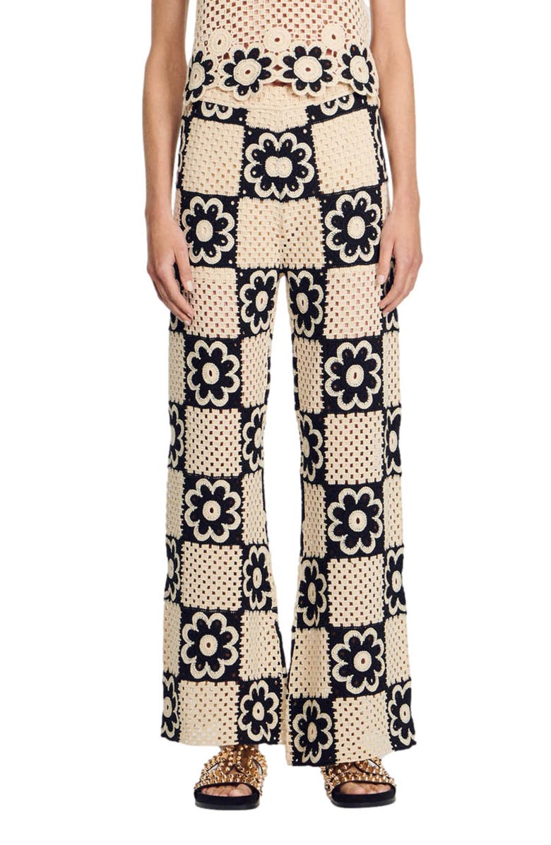 SANDRO Nadav Floral Crochet Wide Leg Pants, Main, color, 