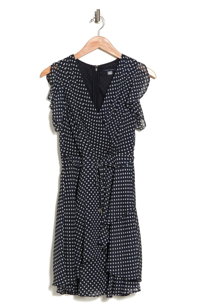 Tommy Hilfiger Bardot Dot Ruffle Dress, Alternate, color, Sky Captain/ Ivory