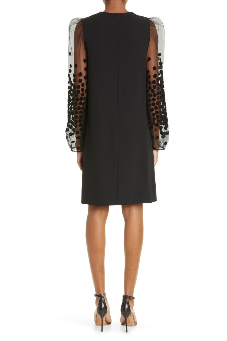 Flocked Dot Long Sleeve Shift Dress, Alternate, color, BLACK
