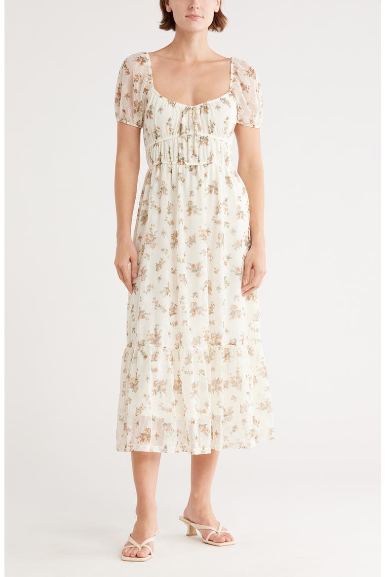 Puff Sleeve Midi Dress, Main, color, CREAM MULTI
