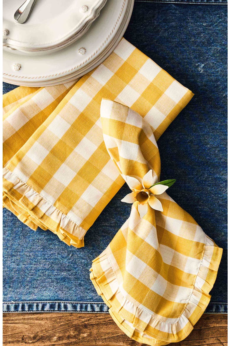 Gingham Ruffle Set of 4 Cotton & Linen Napkins, Alternate, color, SUNSHINE