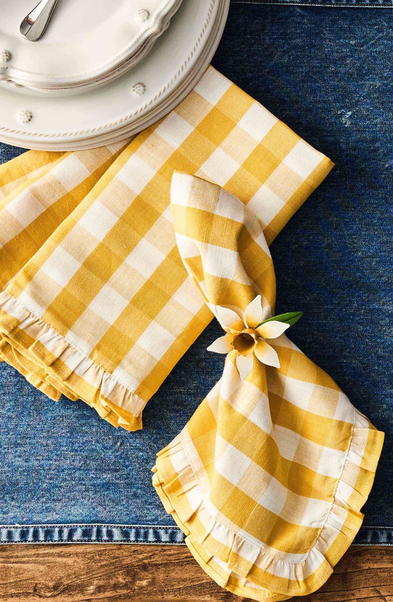 Juliska Gingham Ruffle Set of 4 Cotton & Linen Napkins, Alternate, color, Sunshine
