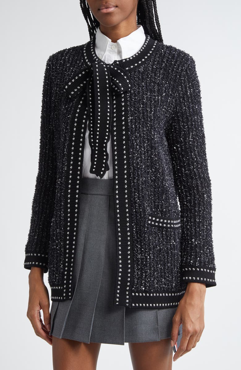 Thom Browne Tie Neck Eyelash Tweed Jacquard Cardigan, Alternate, color,