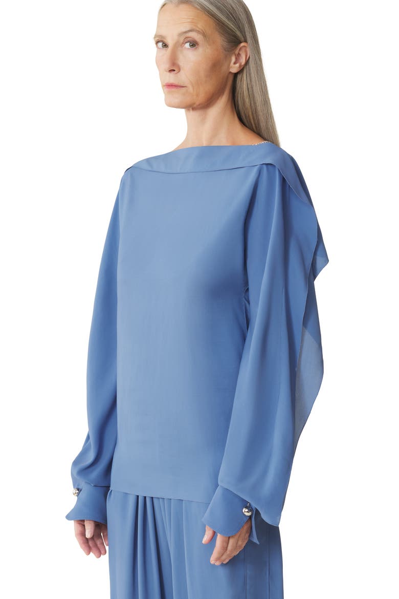 Long-Sleeved Top In Crepe De Chine, Alternate, color, Jeanne Blue