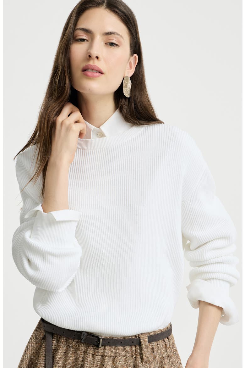 Cotton English rib sweater with monili, Alternate, color, White