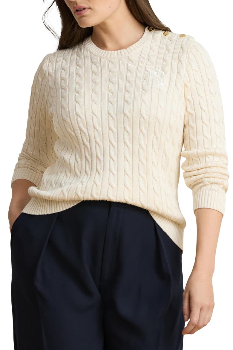 Button Trim Cable Knit Sweater, Alternate, color, WINTER CREAM