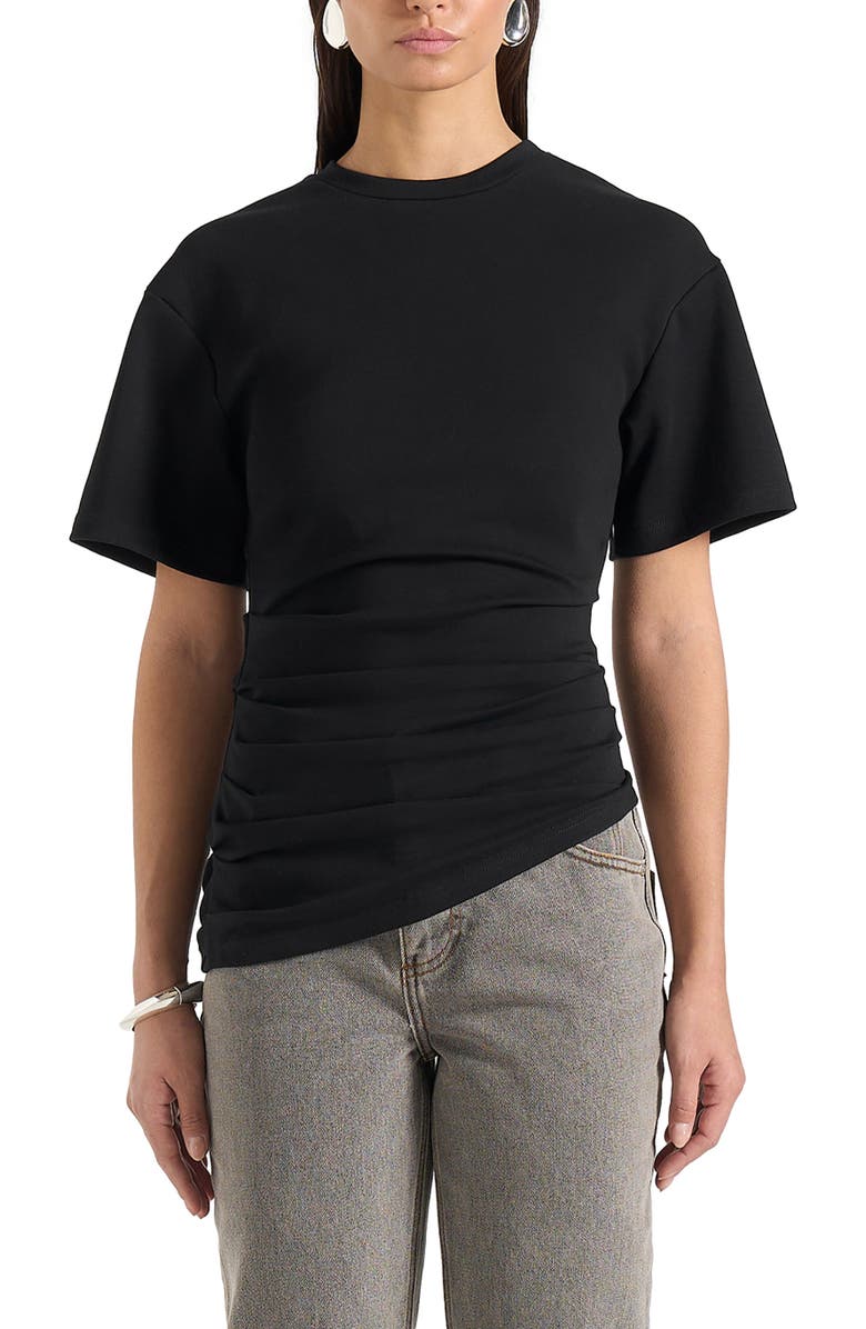 Manière De Voir Pauline Ruched Asymmetric Cotton T-Shirt, Alternate, color, Black