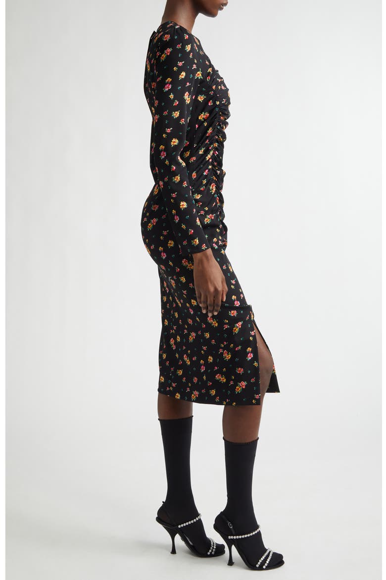 Floral Print Long Sleeve Charmeuse Midi Dress, Alternate, color, NERO