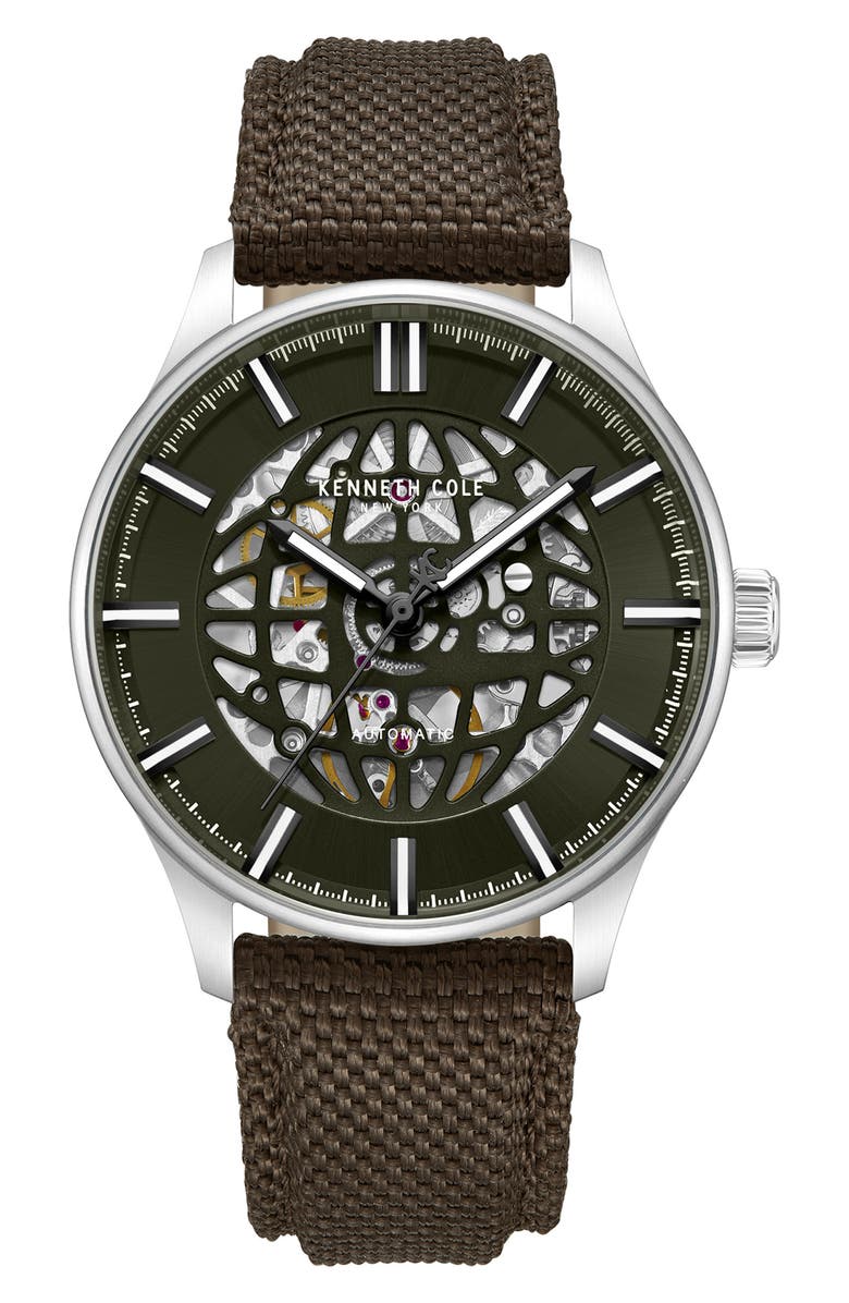 Kenneth Cole New York The Thompson Skeleton Automatic Nylon Strap Watch, 43.5mm, Main, color, Dark Brown