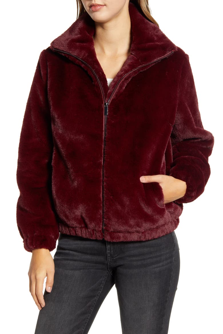 Faux Fur Bomber Jacket, Alternate, color, RED GRAPE