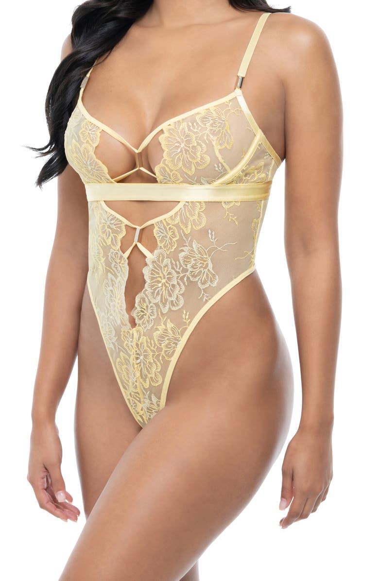 Oh La La Cheri Pilar Embroidered Mesh Underwire Teddy, Main, color, Botanical Blooms 040/Banana