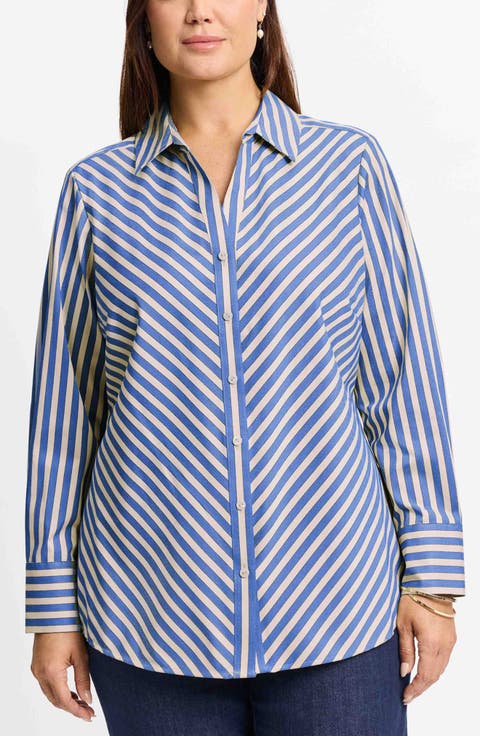 Mary Neutral Stripe Stretch Button-Up Shirt (Plus)
