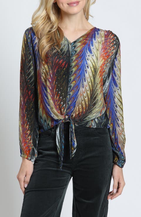 Print V-Neck Tie Front Top
