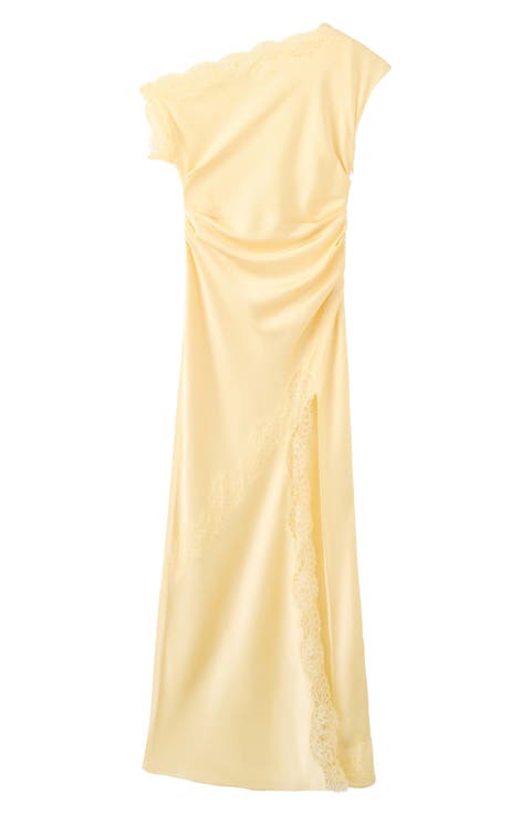 Ruched Lace Trim One-Shoulder Satin Maxi Dress