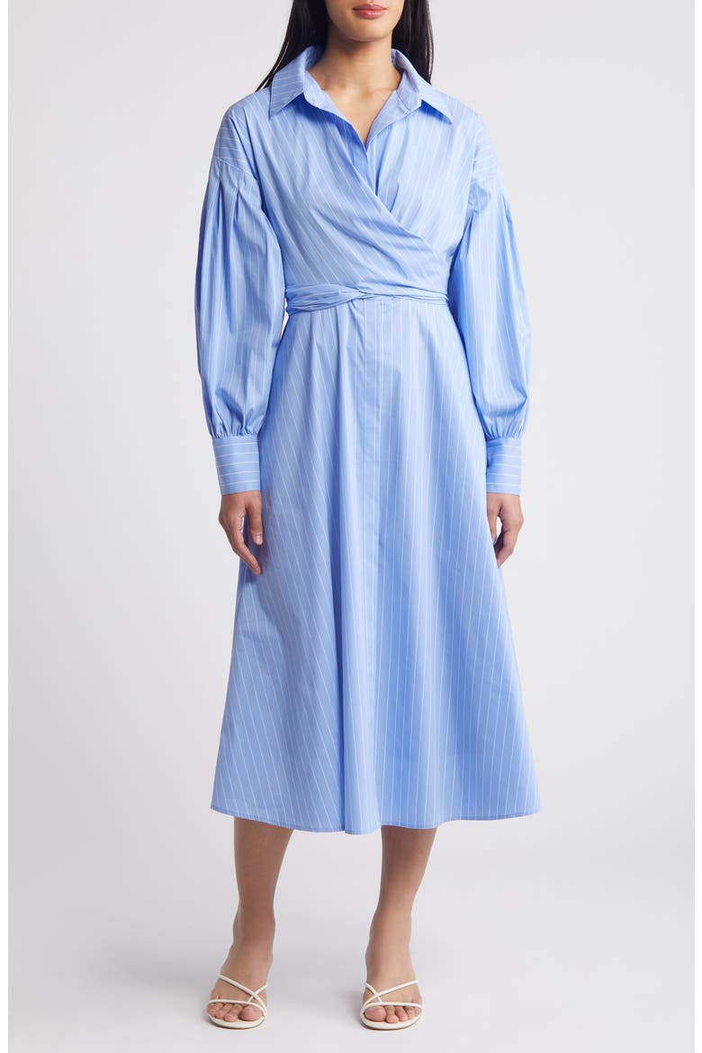 Stripe Long Sleeve Cotton Blend Midi Shirtdress, Main, color, BLUE