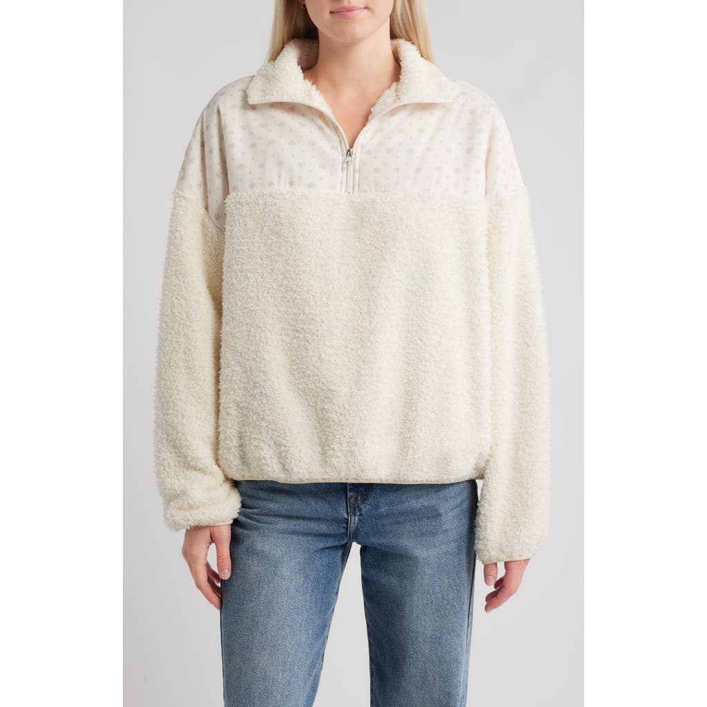 Happy Camp3r Vintage Flower Aria Mixed Media Quarter Zip Fleece Sweatshirt In Neutral