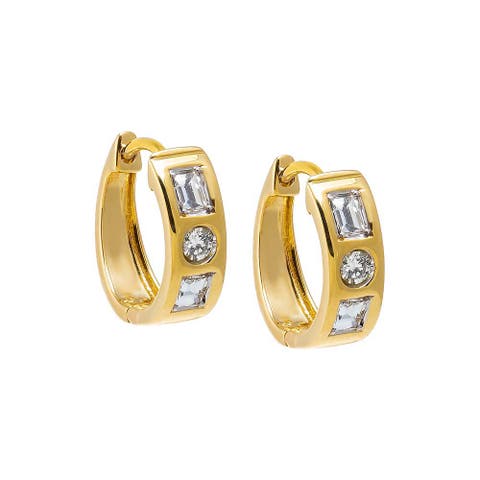 Lab Grown Diamond Solitaire X Emerald Embedded Wide Huggie Earring 14K