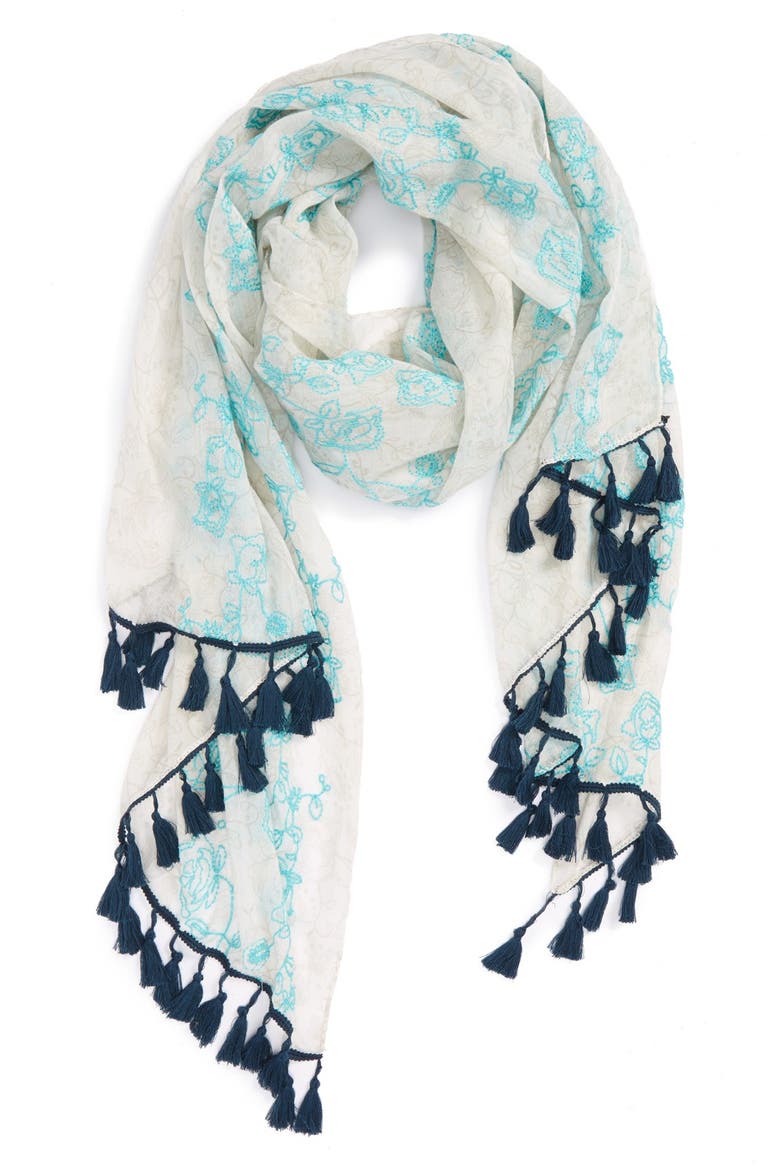 Embroidered Tassel Fringe Scarf, Main, color, BLUE