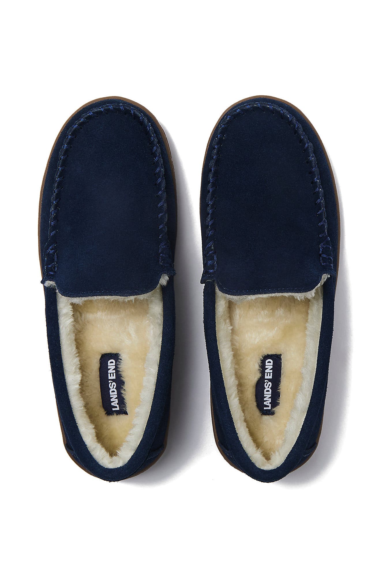 Fuzzy Lined Suede Moccasin Slippers, Alternate, color, Radiant Navy