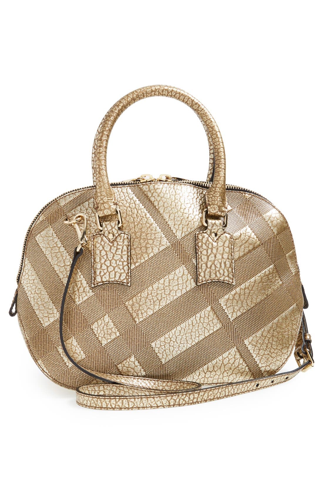 'Small Orchard' Embossed Check Leather Satchel, Alternate, color, GOLD