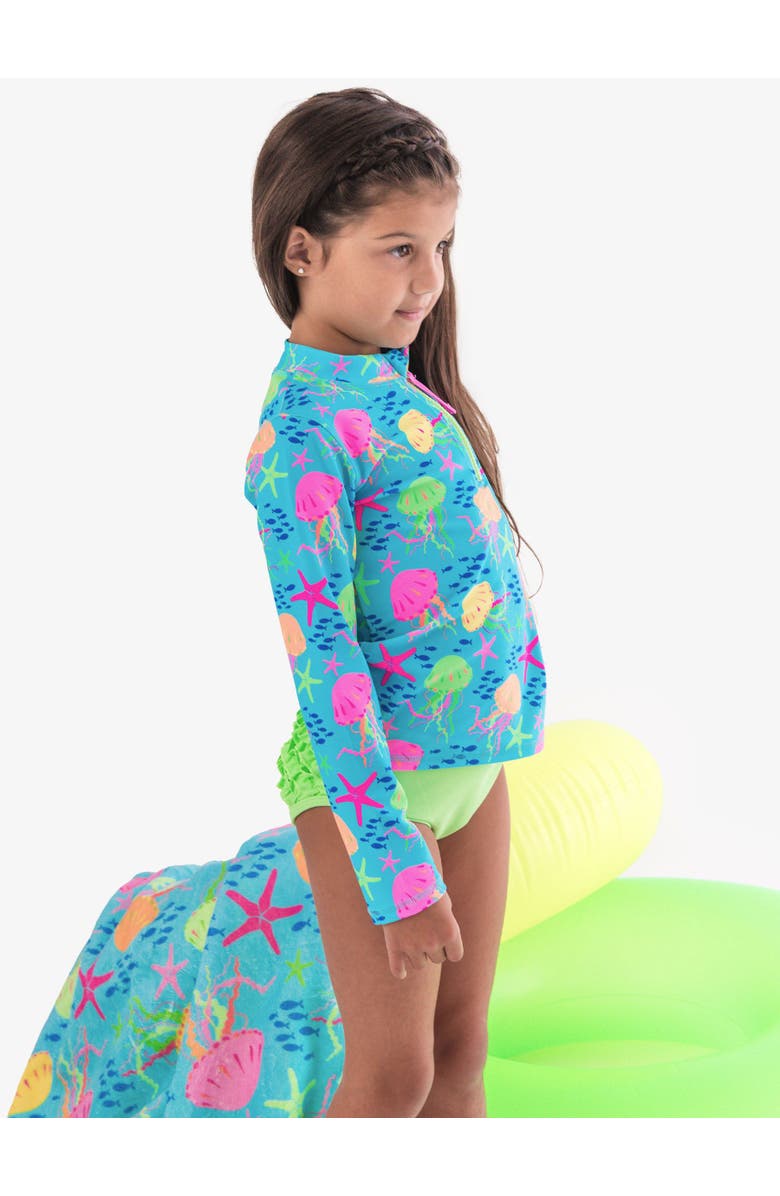 RuffleButts Toddler Girls UPF50+ Long Sleeve Zipper Rash Guard 2-Piece, Alternate, color, Neon Jelly Time