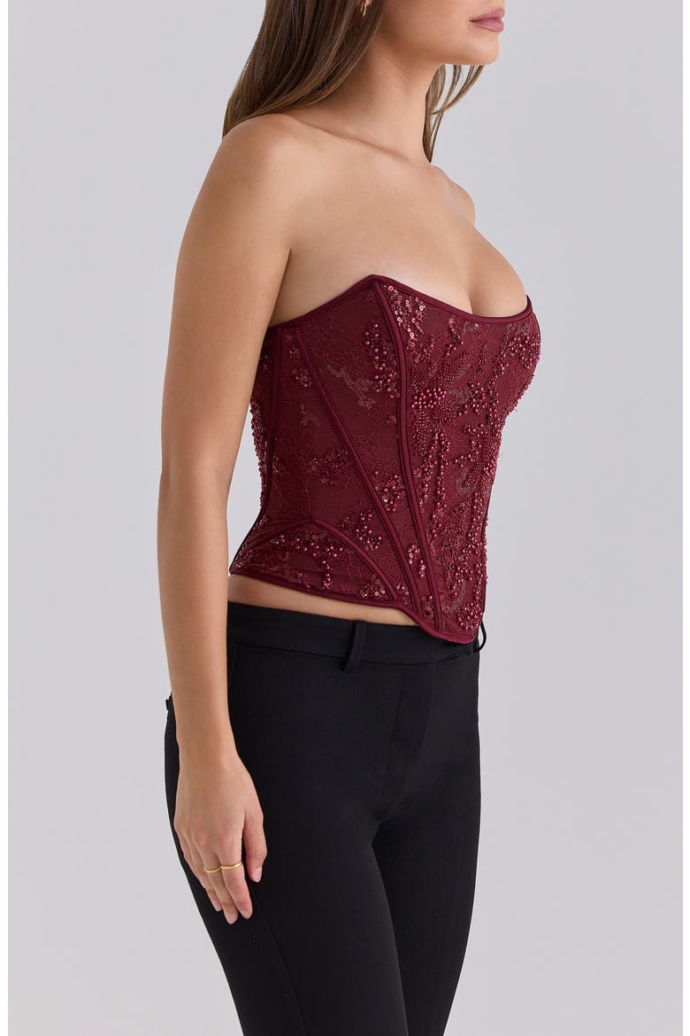 Calliope Embellished Lace Corset Top, Alternate, color, CABERNET