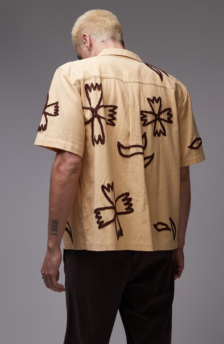 Topman Embroidered Short Sleeve Cotton & Linen Button-Up Shirt, Alternate, color, Buttermilk Yellow
