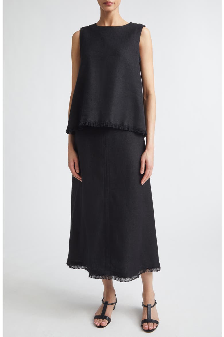 Fringe Stretch Linen & Cotton Basket Weave A-Line Skirt, Alternate, color, BLACK