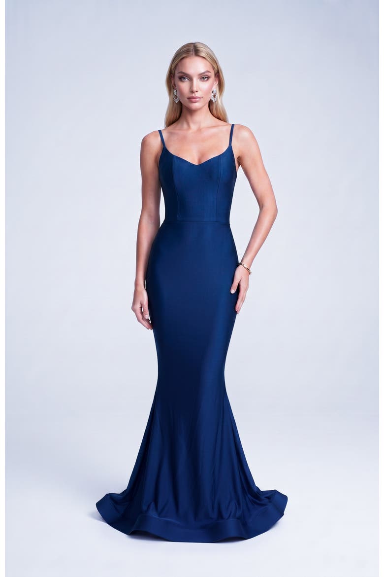 Open Back Pleated Sweetheart Mermaid Gown, Alternate, color, Navy