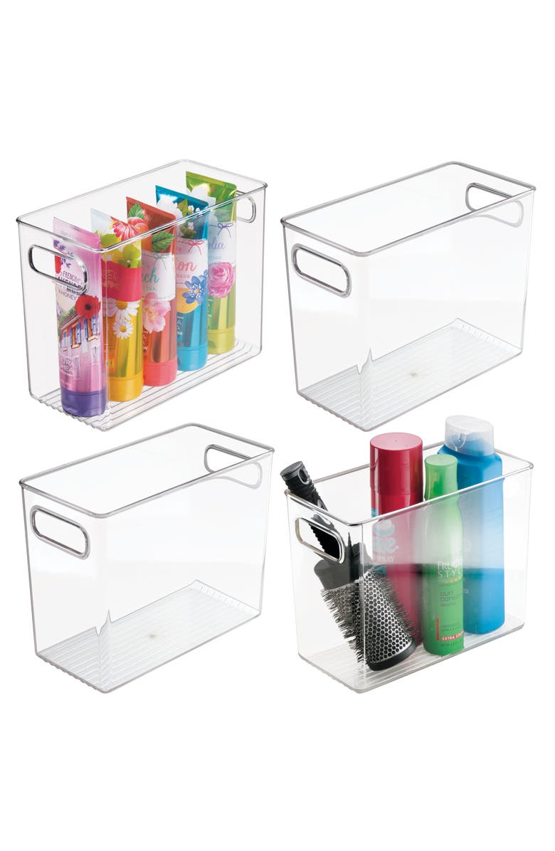 mDesign Tall Plastic Bathroom Organizer Bin with Built-In Handles, 4 Pack, Clear, Alternate, color, Clear
