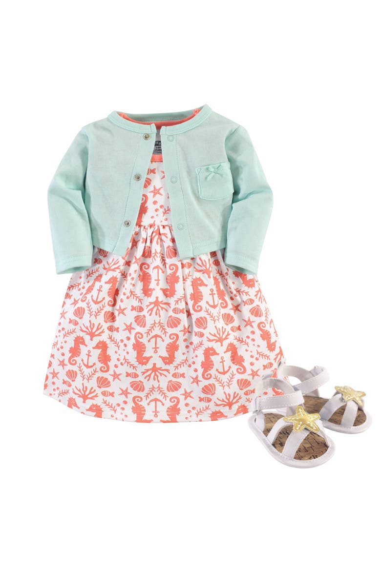 Cotton Dress, Cardigan and Shoe Set, Main, color, Sea
