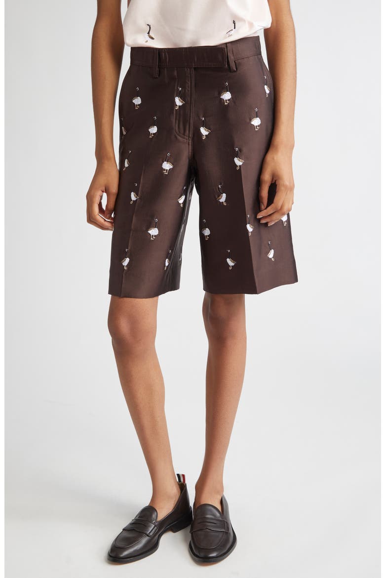 Geese Embroidered Twill Wide Leg Shorts, Main, color, BROWN