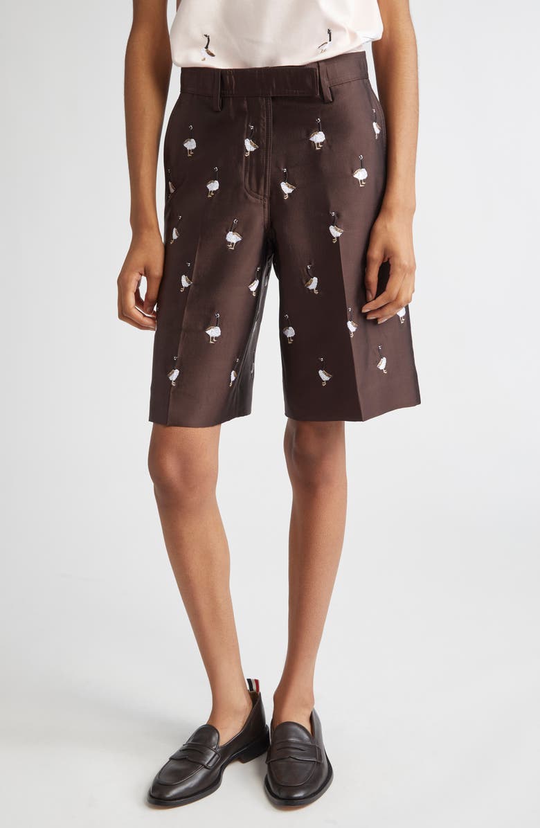 Thom Browne Geese Embroidered Twill Wide Leg Shorts, Main, color, Brown