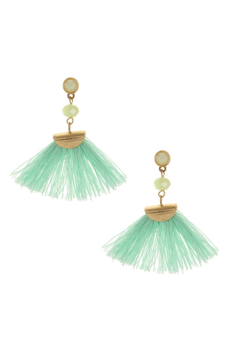 OLIVIA WELLES Beach Fan Crystal Drop Earrings, Main, color, Worn Gold / Mint