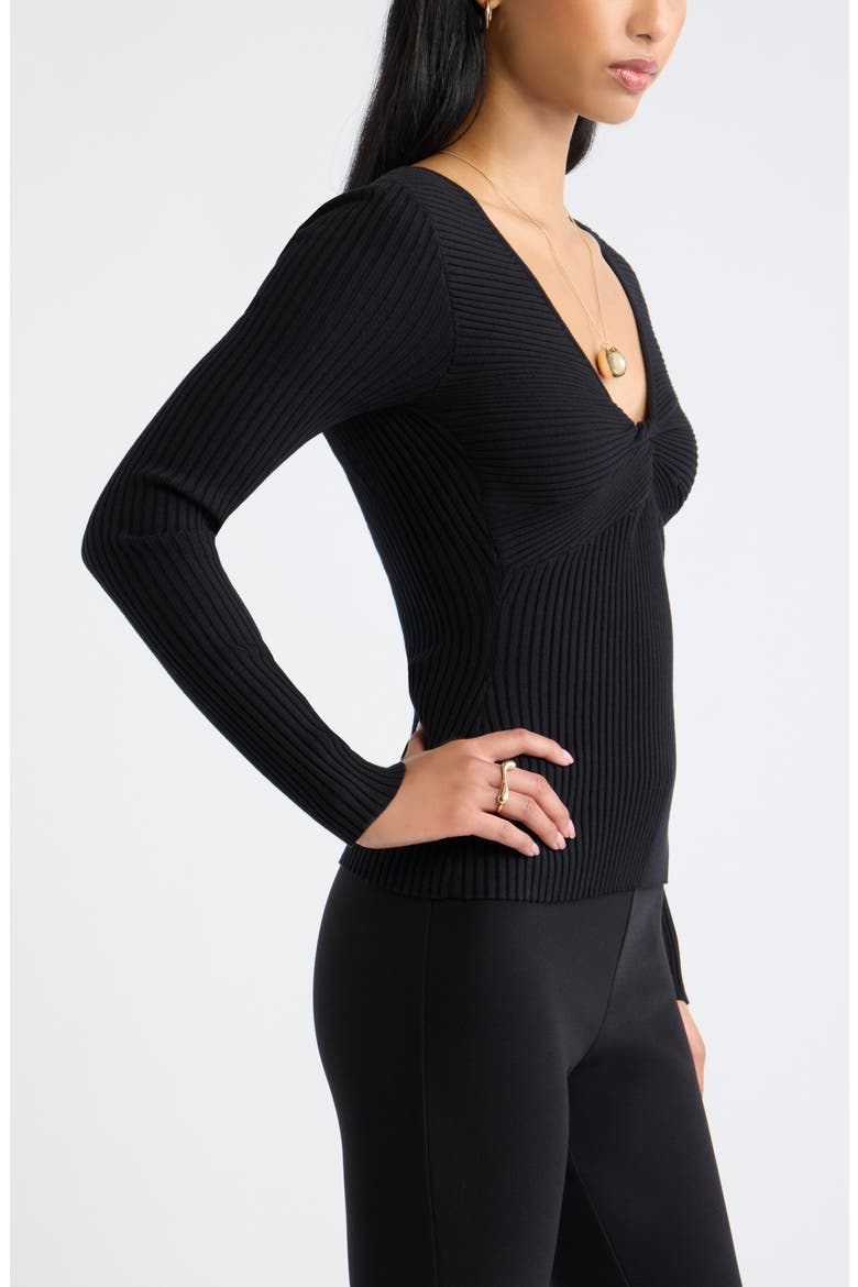 Knot Front Ribbed V-Neck Sweater, Alternate, color, BLACK