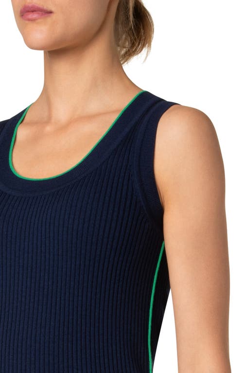 Akris Punto Piped Scoop Neck Virgin Merino Wool Rib Sweater Tank In Navy-sea Green