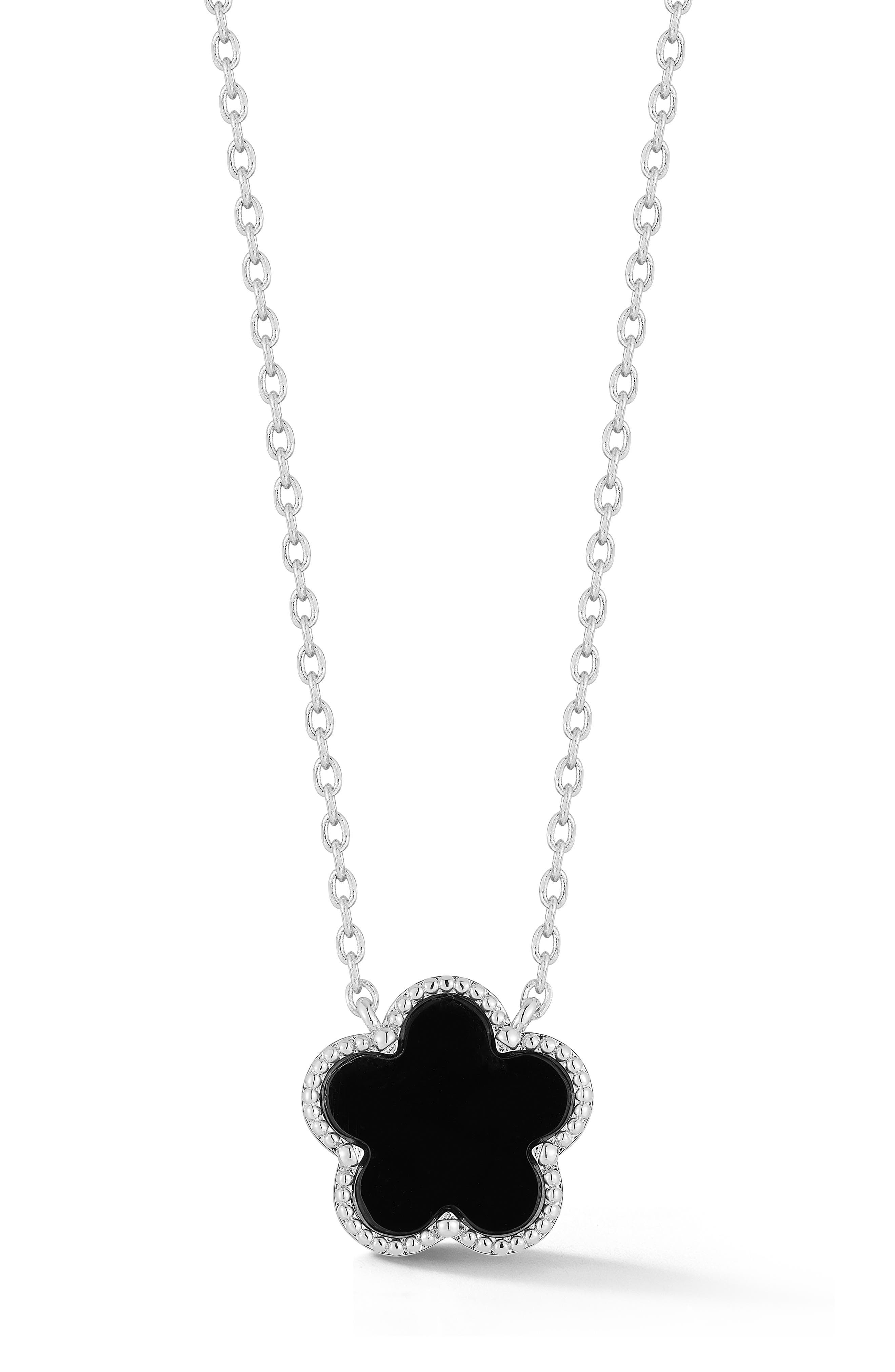 Black Agate Flower Pendant Necklace