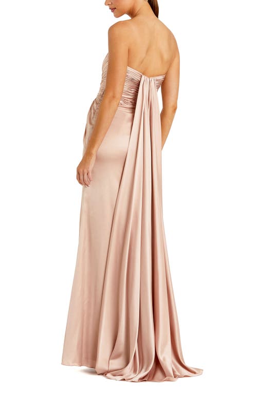 Mac Duggal Strapless Charmeuse Wrap Gown With Cutout Detail In Oyster