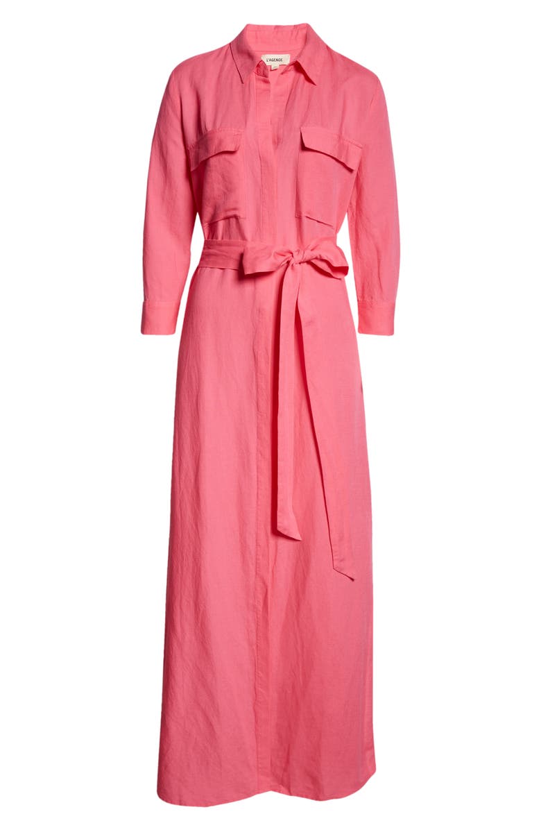 L'AGENCE Cameron Belted Linen Blend Maxi Shirtdress, Alternate, color, Berry Pink
