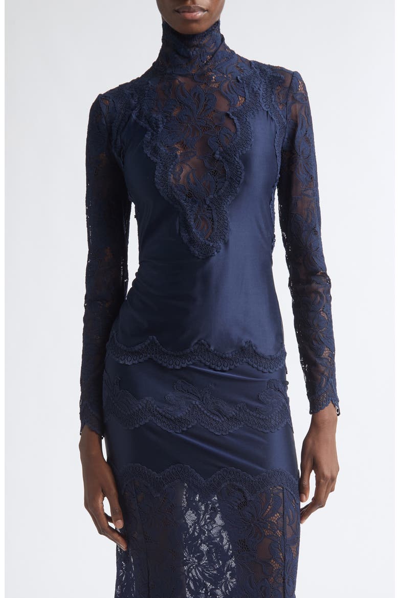 Lace & Jersey Long Sleeve Top, Main, color, DEEP NAVY