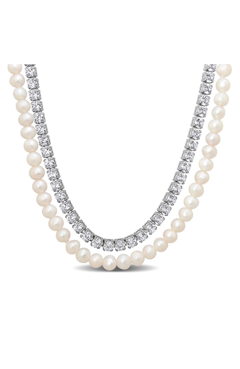 Julianna B. Cubic Zirconia & Cultured Pearl Double Strand Necklace, Main, color,