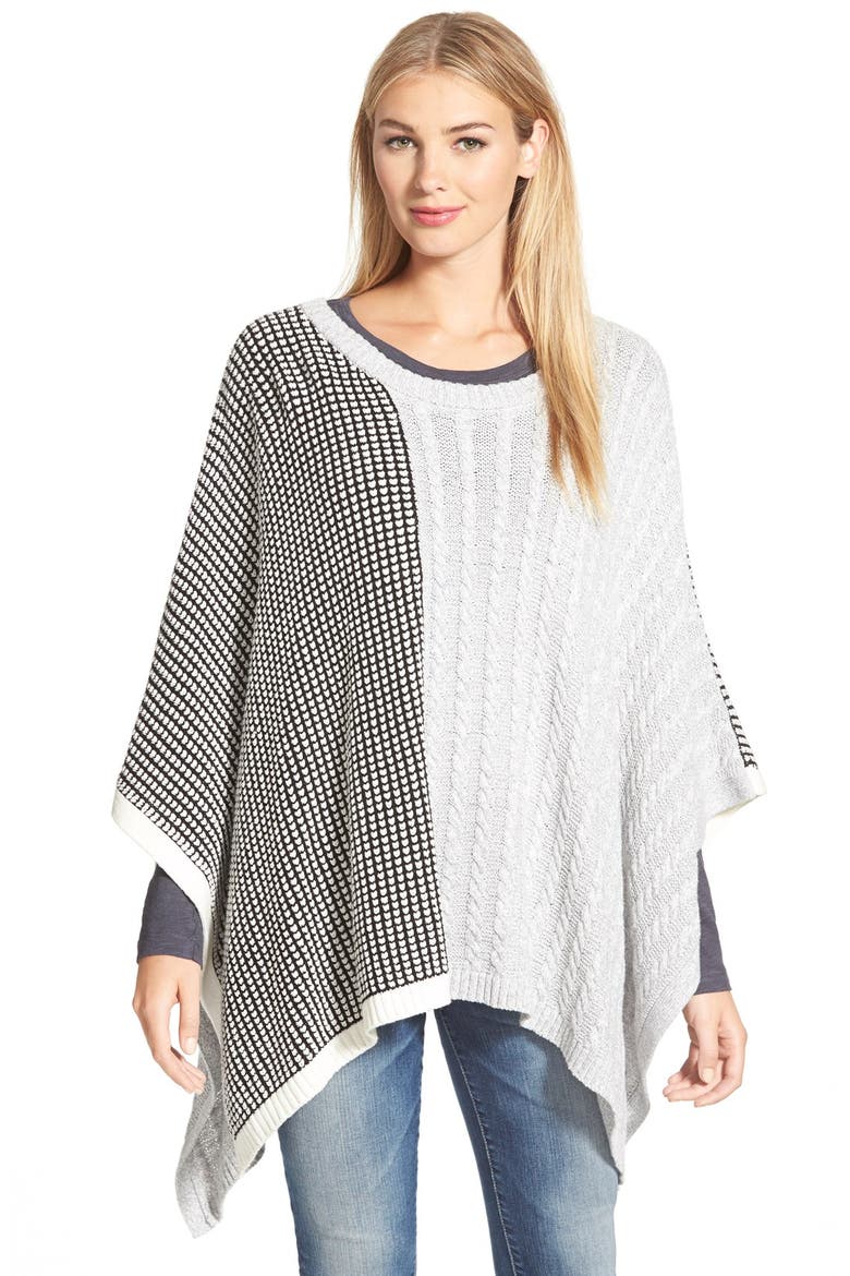Cable & Waffle Stitch Knit Poncho, Main, color, GREY HEATHER