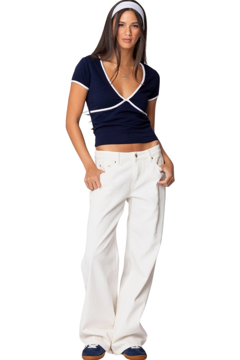 Alicia Contrast Trim V-Neck Top, Alternate, color, NAVY