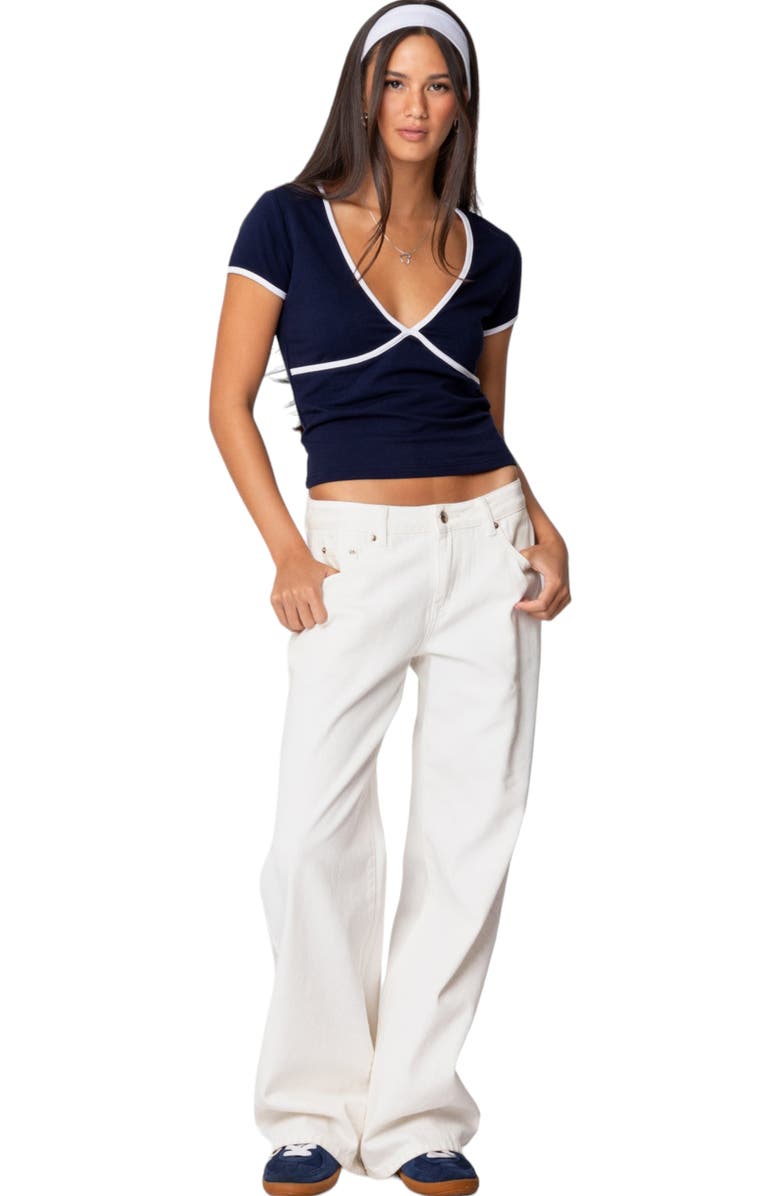 EDIKTED Alicia Contrast Trim V-Neck Top, Alternate, color, Navy