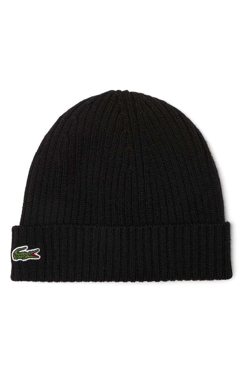 Lacoste Wool Cuff Beanie, Main, color, Noir