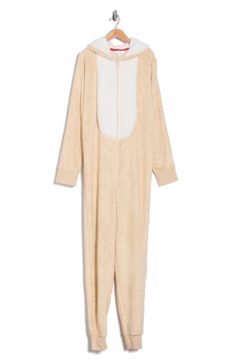 JACLYN Reindeer Hooded One-Piece Pajamas, Alternate, color, Heather Oatmeal Heather