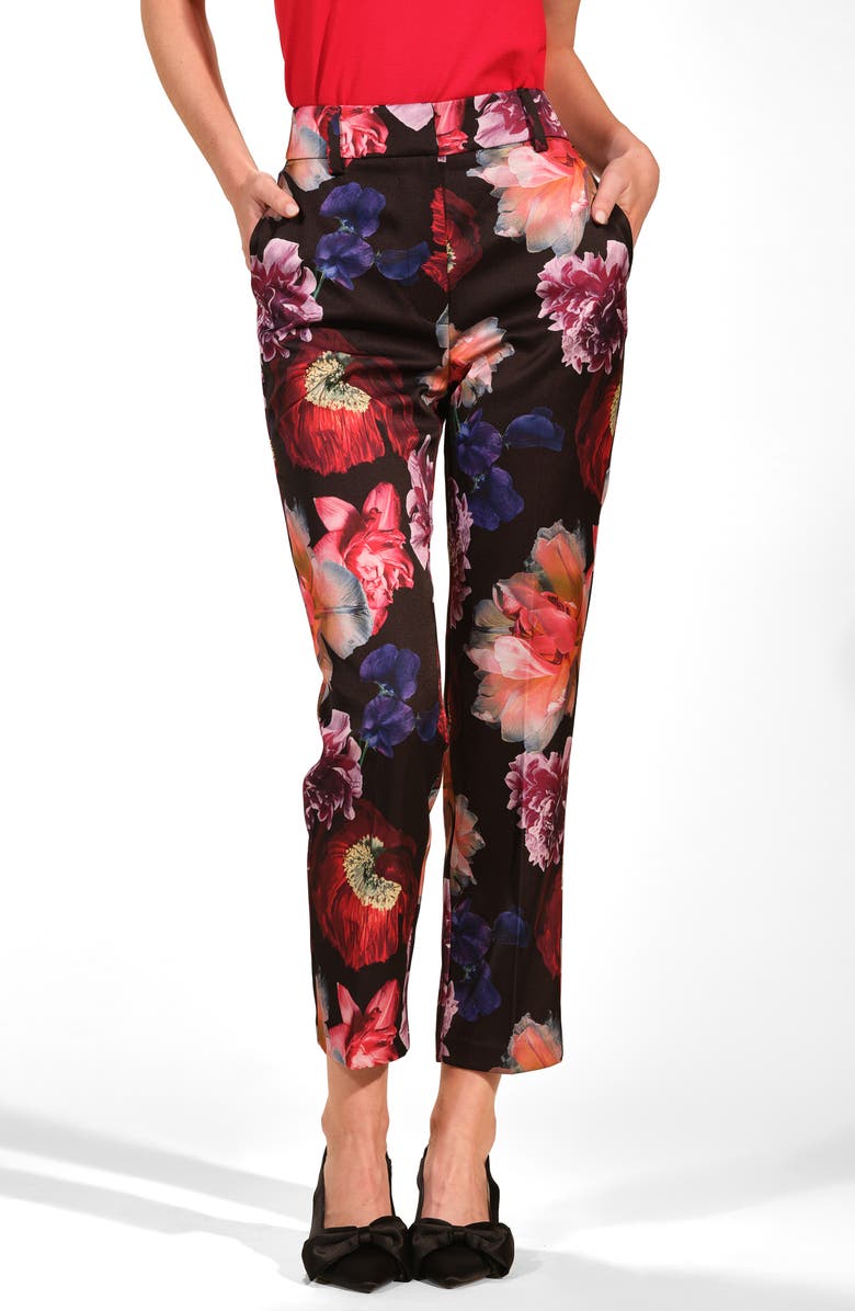 Isaac Mizrahi New York Print Satin Straight Leg Pants, Main, color, Fleur Nocturne